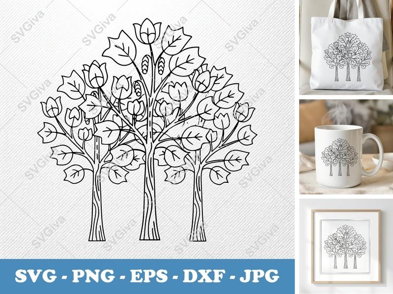 Tulip Tree in a group SVG | Bold Contour, Nature Cut File, Floral Clipart | PNG, EPS, DXF for Cricut, Silhouette