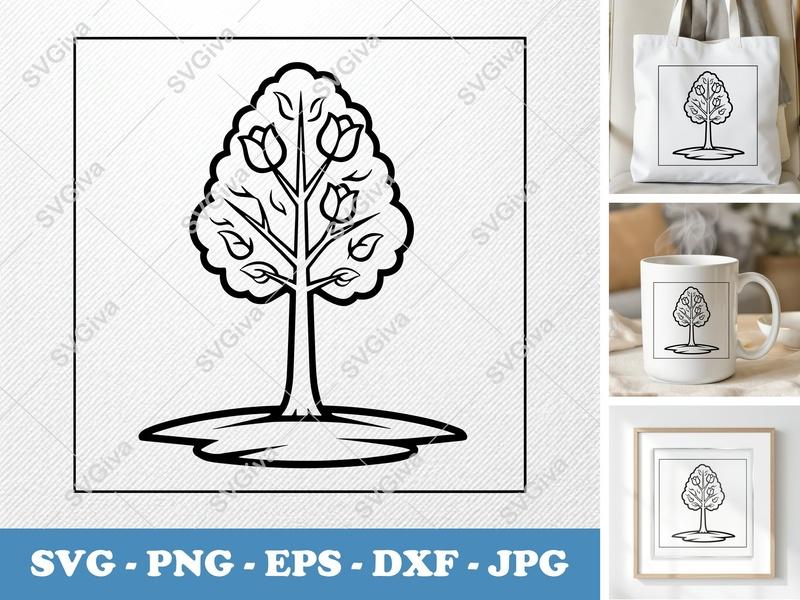 Tulip Tree on a piece of land SVG | Double Outline Tree Cut File | Nature Decor PNG EPS DXF for Cricut, Silhouette