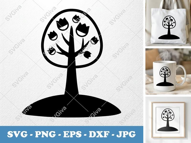 Tulip Tree on a piece of land SVG | Puffy Soft Forms, Nature Cut File | PNG EPS DXF for Cricut, Silhouette