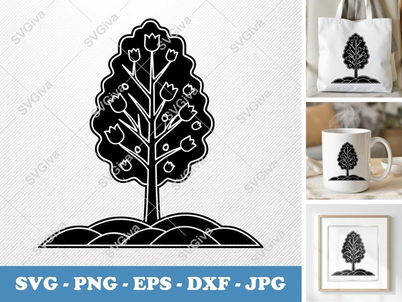 Tulip Tree on a piece of land SVG | Solid Black Fill, White Contour | PNG EPS DXF files | Cricut Silhouette Cut File