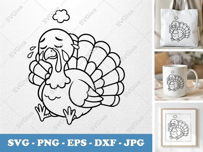 Turkey Crying SVG | Sad Thanksgiving Clipart, Cartoon Outline PNG EPS DXF for Cricut, Silhouette, Funny Holiday Craft