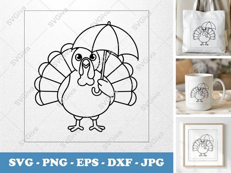 Turkey holding umbrella SVG | Friendly Rounded Bean-Shaped Forms | PNG DXF EPS | Cricut Silhouette File