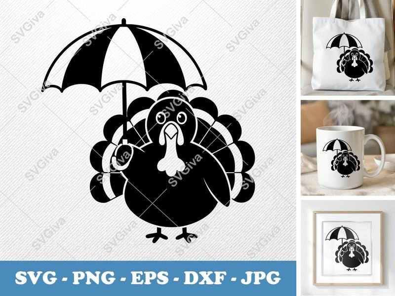Turkey Holding Umbrella SVG | Puffy Soft Forms | Thanksgiving Clipart | SVG PNG DXF EPS | Cricut Silhouette File