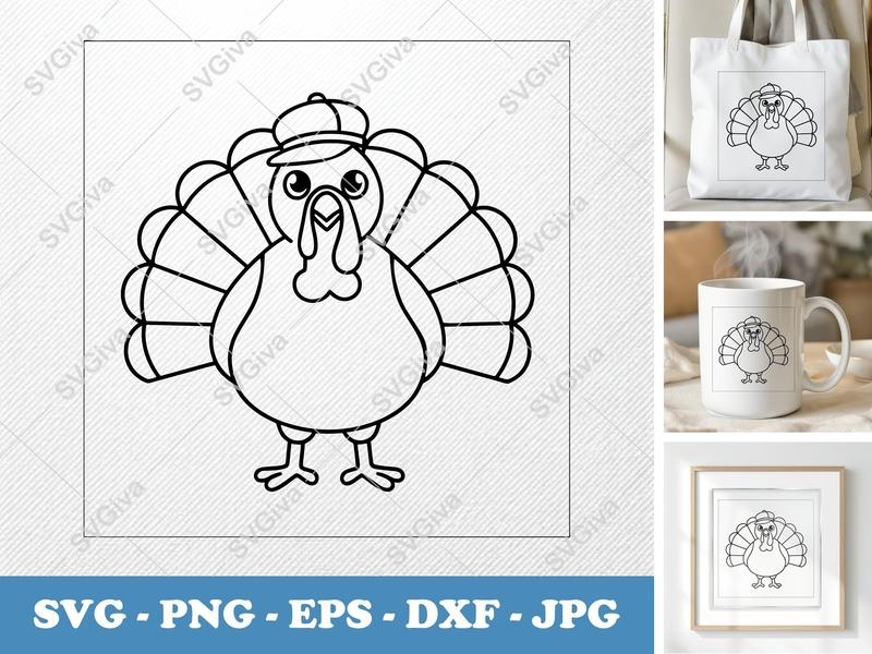 Turkey in a Cap SVG | Friendly Rounded Body Bean-Shaped Forms | PNG DXF EPS | Cricut Silhouette Cut File