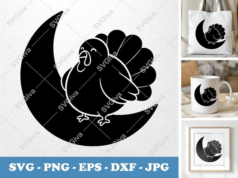 Turkey on Moon SVG | Cute Thanksgiving Cut File | Autumn Harvest Design PNG EPS DXF for Cricut & Silhouette