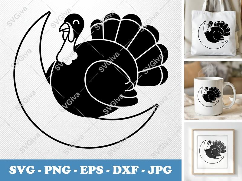 Turkey on Moon SVG | Modern Thanksgiving Cut File, PNG EPS DXF for Cricut & Silhouette | Autumn Fall Holiday Clipart