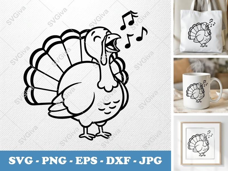 Turkey Singing SVG | Happy Thanksgiving Fall Clipart | PNG EPS DXF | Cricut Silhouette Cut File | Modern Clean Design
