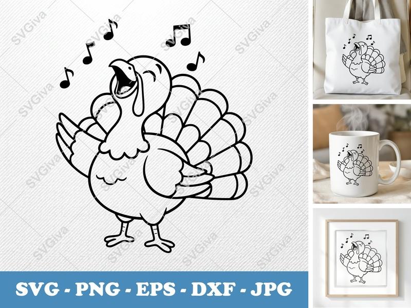 Turkey Singing SVG | Happy Thanksgiving Fall Cut File | PNG EPS DXF for Cricut, Silhouette | Music Notes Holiday Clipart
