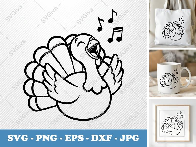 Turkey Singing SVG | Happy Thanksgiving Music PNG EPS DXF for Cricut, Silhouette | Modern Clean Cut File