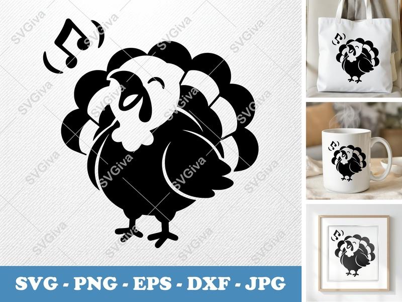 Turkey Singing SVG | Puffy Cartoon Thanksgiving Cut File | PNG, DXF, EPS | Cricut, Silhouette Friendly