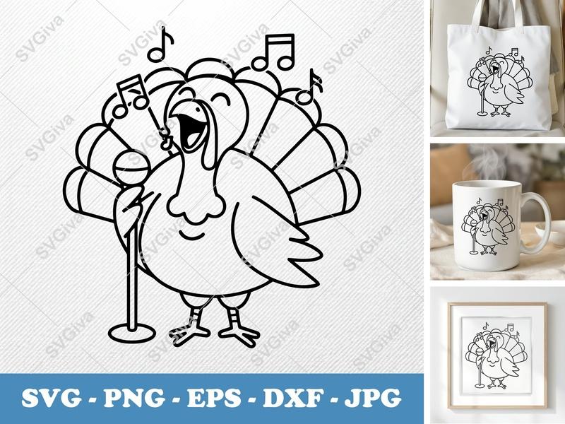 Turkey Singing SVG | Thanksgiving Music Cut File | Funny Bird PNG, EPS, DXF for Cricut & Silhouette | Cartoon Vocalist Clipart