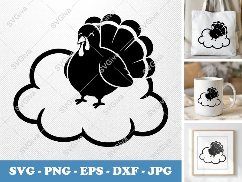Turkey Sitting on Cloud SVG PNG DXF EPS Cut File | Cricut Silhouette Fall Thanksgiving Decor