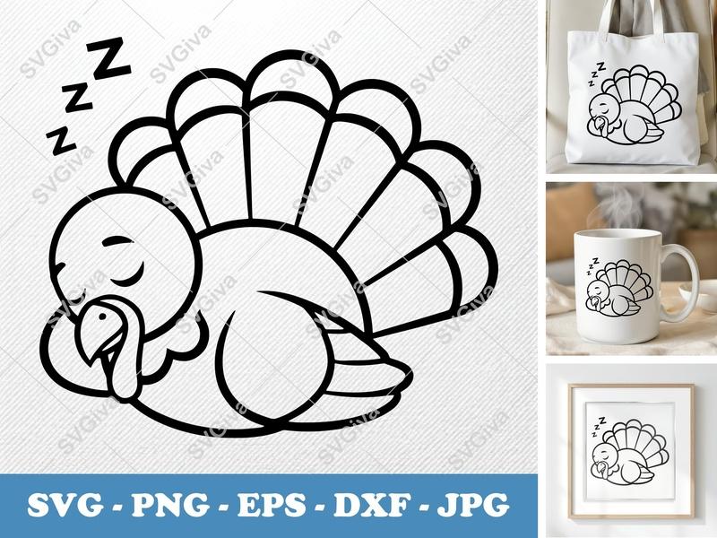 Turkey Sleeping SVG | Cartoon Napping Thanksgiving Fowl | PNG EPS DXF for Cricut Silhouette | Cute Holiday Animal Cut File