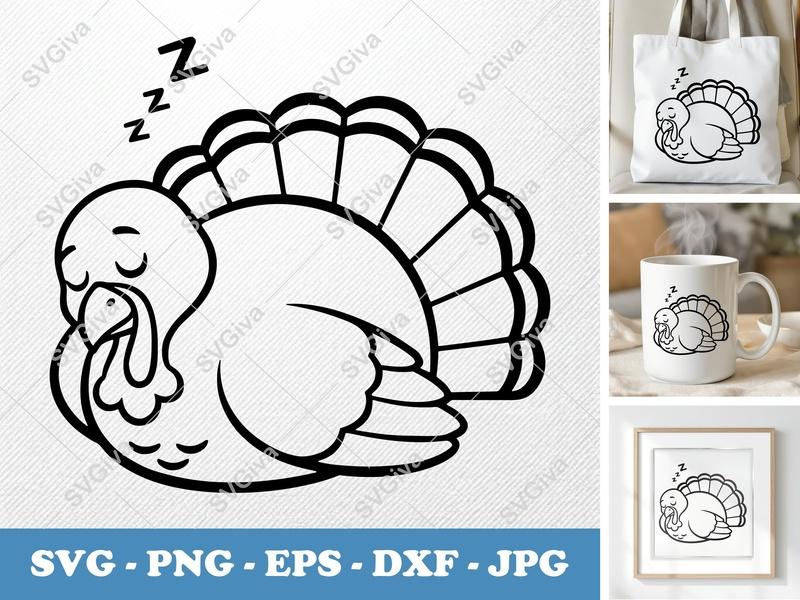 Turkey Sleeping SVG | Cute Thanksgiving Nap Design, Holiday Bird PNG EPS DXF for Cricut & Silhouette, Fall Craft File