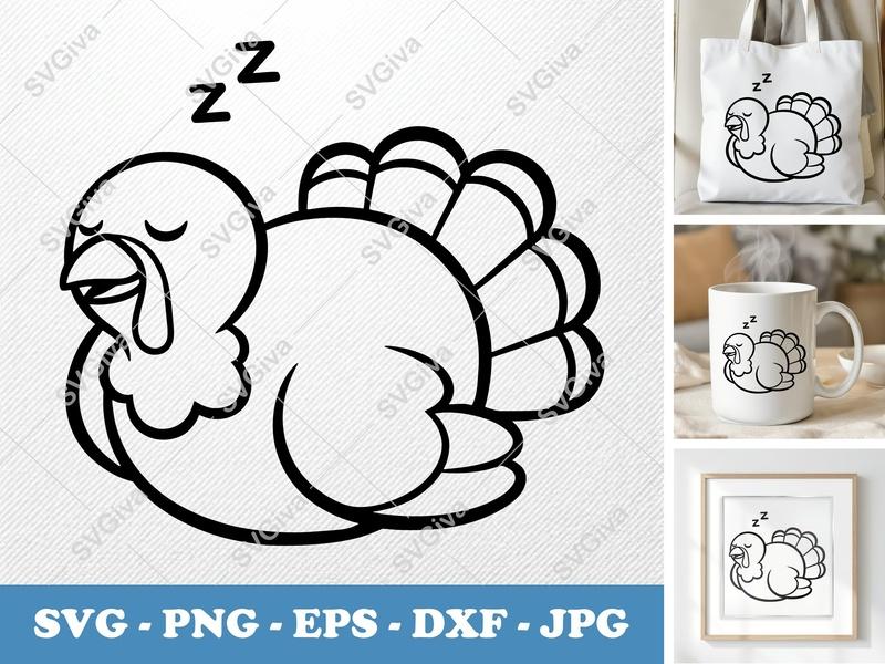 Turkey Sleeping SVG | Cute Thanksgiving PNG EPS DXF | Fall Holiday Cricut Cut File | Cartoon Pilgrim Silhouette Design