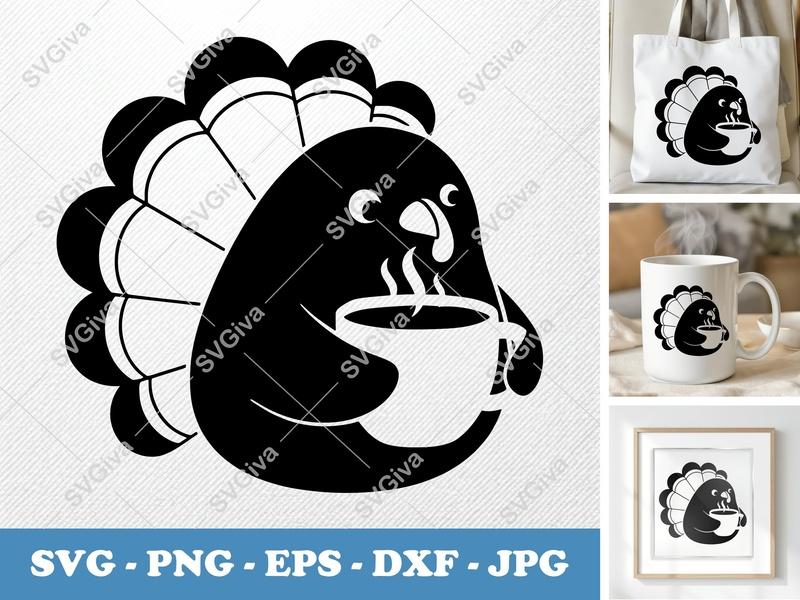 Turkey SVG | Coffee Lover Cut File | Modern Cartoon Thanksgiving Design | PNG EPS DXF for Cricut & Silhouette