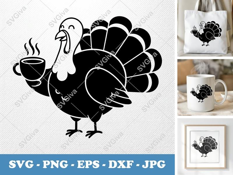 Turkey SVG | Coffee Lover Thanksgiving Cut File | Modern Cartoon Fall Design | PNG EPS DXF for Cricut Silhouette