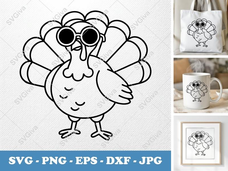 Turkey SVG | Cool Thanksgiving Bird with Sunglasses | Modern Clean Design | PNG EPS DXF for Cricut Silhouette