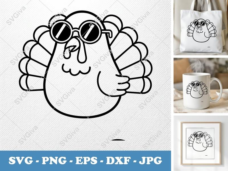 Turkey SVG | Cool Thanksgiving Turkey with Sunglasses | Modern Clean Design | PNG EPS DXF for Cricut Silhouette