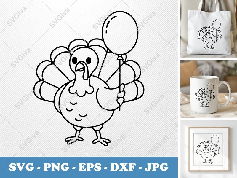 Turkey SVG | Cute Balloon Turkey Cut File | Thanksgiving Fall Harvest Clipart, PNG, EPS, DXF for Cricut, Silhouette