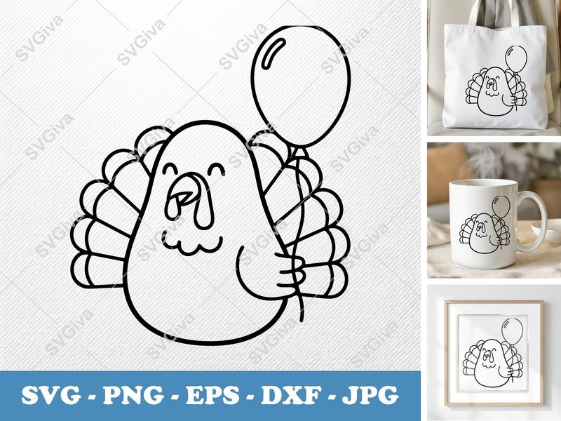 Turkey SVG | Cute Cartoon Balloon Design | Thanksgiving Fall Holiday | PNG EPS DXF for Cricut Silhouette