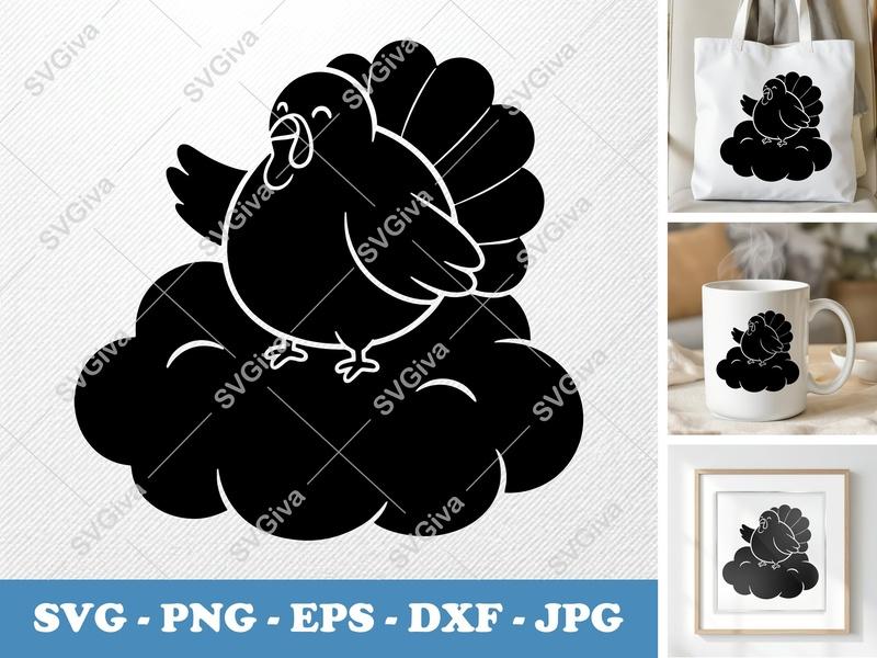 Turkey SVG | Cute Cartoon Bird on Cloud Cut File | PNG EPS DXF for Cricut & Silhouette | Modern Thanksgiving Clipart Vector