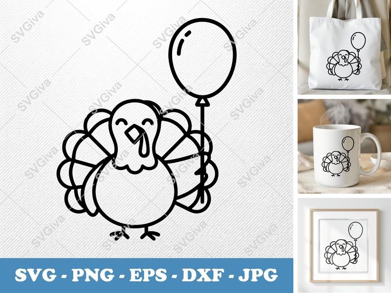 Turkey SVG | Cute Cartoon Outline with Balloon | Thanksgiving Fall Autumn Craft Cut File for Cricut, Silhouette | PNG EPS DXF
