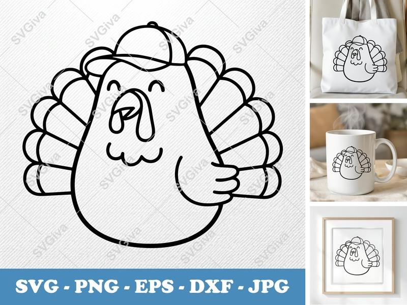 Turkey SVG | Cute Cartoon Turkey with Baseball Cap | Thanksgiving Fall Holiday Cut File for Cricut, Silhouette | PNG EPS DXF