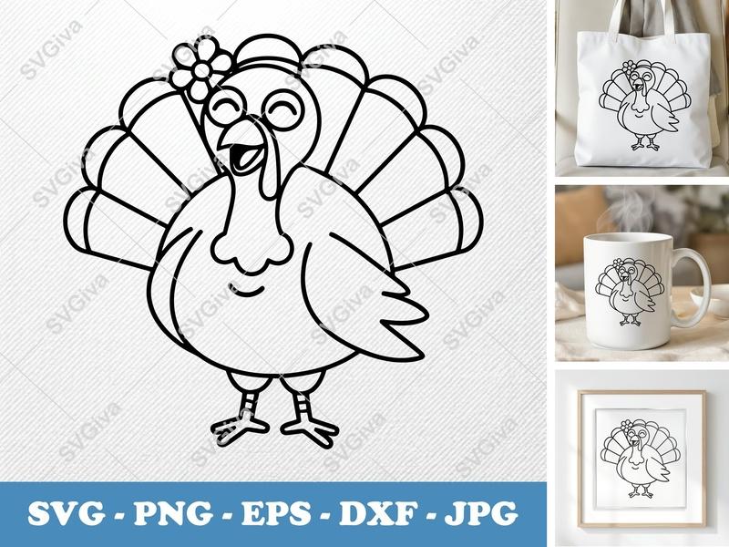 Turkey SVG | Cute Thanksgiving Fall Design with Flower | PNG EPS DXF | Cricut Silhouette Cut File | Modern Clean Line Art