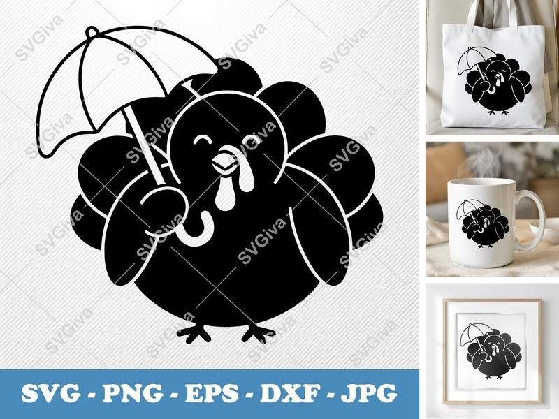 Turkey SVG | Cute Umbrella Fall Design, Thanksgiving Clipart | PNG EPS DXF for Cricut, Silhouette, Autumn Craft