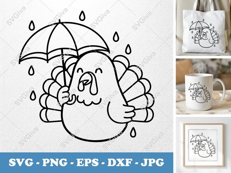 Turkey SVG | Cute Umbrella Rain Thanksgiving Fall Cut File | PNG EPS DXF for Cricut Silhouette Projects