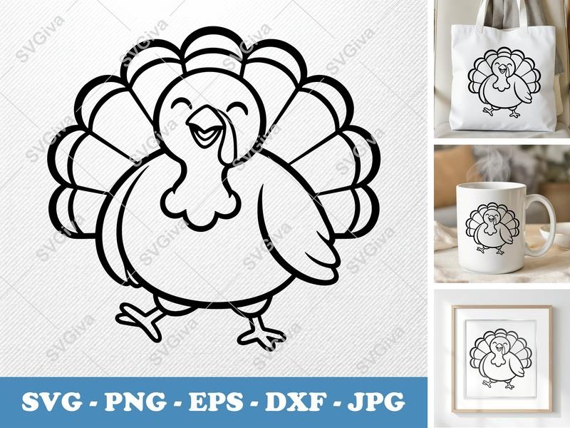 Turkey SVG | Happy Cartoon Thanksgiving Bird | Outline Line Art | PNG EPS DXF for Cricut Silhouette Cutting Files