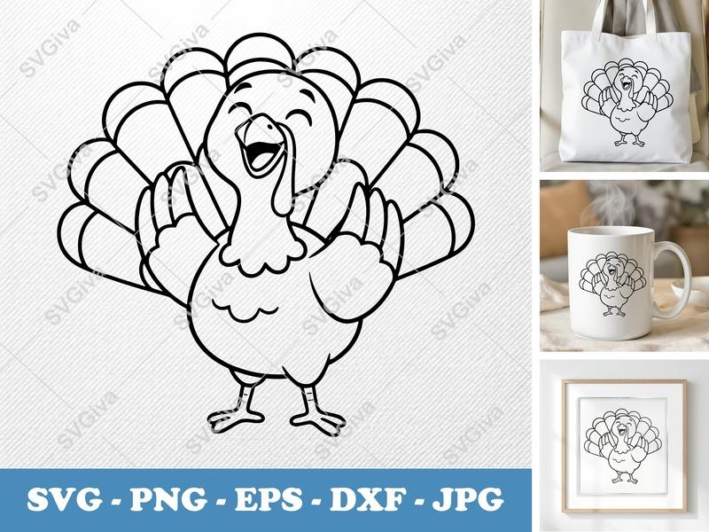 Turkey SVG | Happy Thanksgiving Fall Clipart | Cute Cartoon Line Art | PNG EPS DXF for Cricut Silhouette Cutting Files