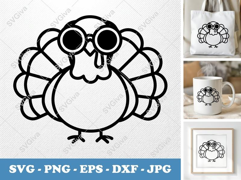 Turkey SVG | Modern Cartoon Turkey with Glasses Cut File | Thanksgiving Clipart PNG EPS DXF for Cricut & Silhouette