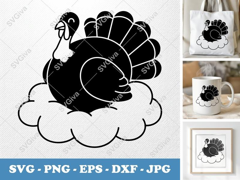 Turkey SVG | Modern Thanksgiving Bird on Cloud Design | PNG EPS DXF for Cricut, Silhouette | Fall Holiday Cut File