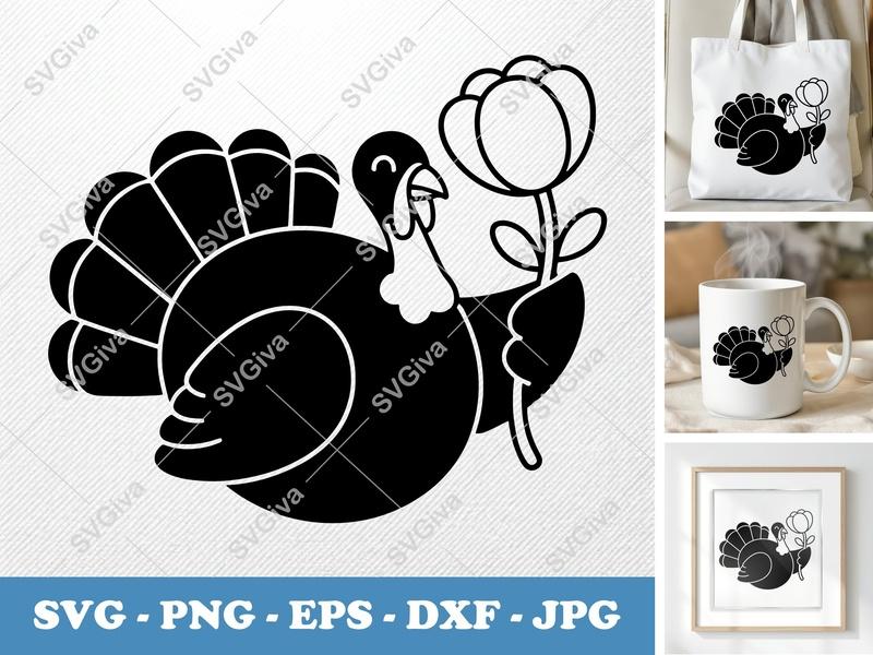 Turkey SVG | Modern Thanksgiving Cut File | Flower Clipart | PNG EPS DXF for Cricut & Silhouette | Autumn Holiday Craft Design