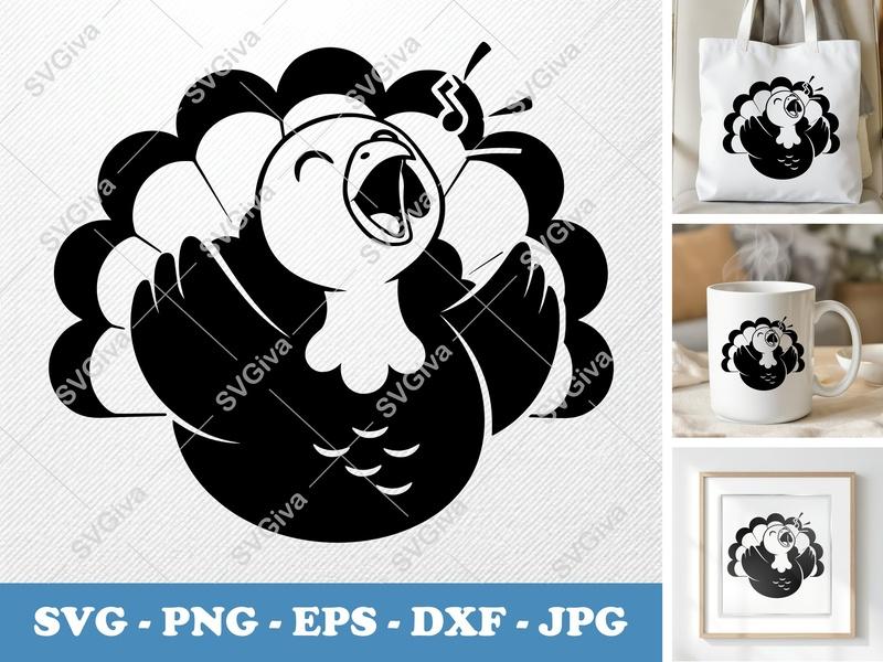 Turkey SVG | Singing Thanksgiving Bird Cut File | Happy Farm Animal Clipart PNG EPS DXF for Cricut Silhouette