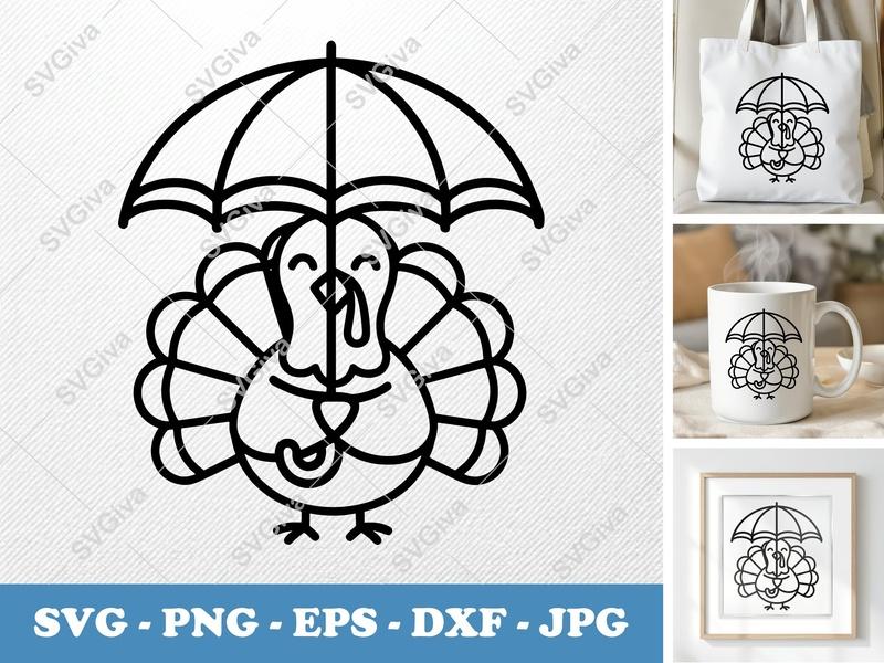 Turkey SVG | Umbrella Design, Cute Thanksgiving Clipart | PNG EPS DXF for Cricut, Silhouette, Autumn Craft