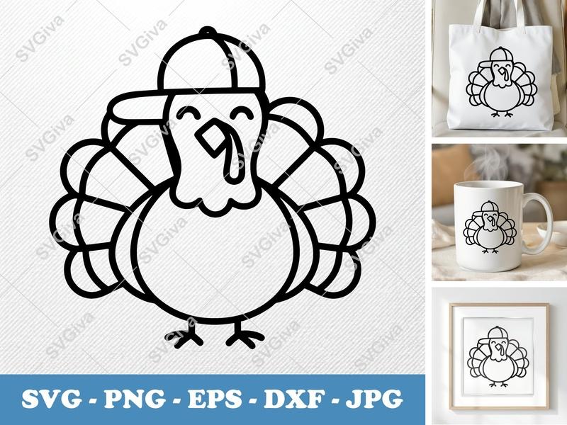 Turkey SVG with Baseball Cap | Cute Cartoon Thanksgiving Cut File | PNG EPS DXF for Cricut & Silhouette | Modern Holiday Clipart