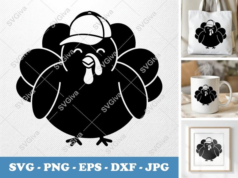 Turkey SVG with Cap | Modern Thanksgiving Cut File | Funny Bird PNG, EPS, DXF for Cricut, Silhouette