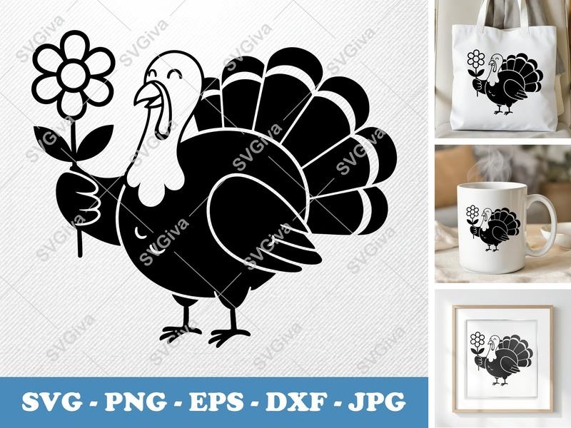 Turkey SVG with Flower | Cartoon Thanksgiving | Fall Autumn Cut File for Cricut, Silhouette | PNG EPS DXF