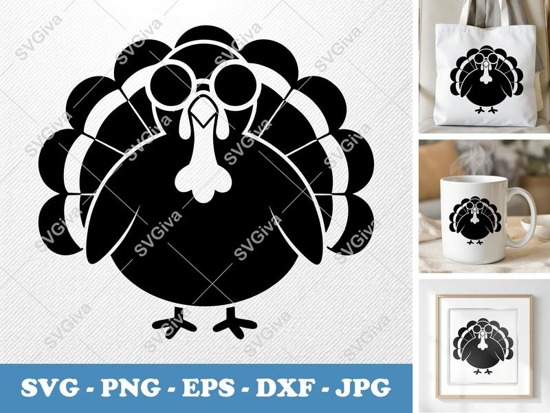 Turkey Wearing Sunglasses SVG | Puffy Soft Shapes | Inflated Pillow Look | PNG DXF EPS | Cricut Silhouette Cut File