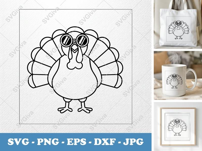 Turkey Wearing Sunglasses SVG | Rounded Friendly Bean Forms | PNG DXF EPS | Cricut Silhouette File