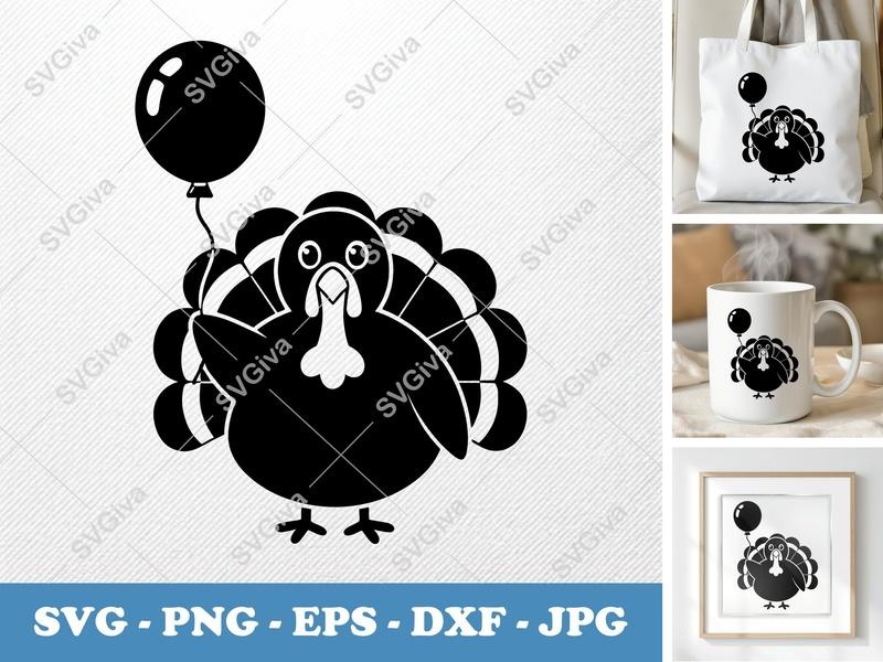 Turkey with Balloon SVG | Puffy Cartoon Design | PNG DXF EPS | Cricut Silhouette File