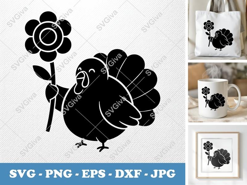 Turkey with Flower SVG | Cute Thanksgiving Fall PNG EPS DXF | Cricut Silhouette File | Holiday Clipart Vector