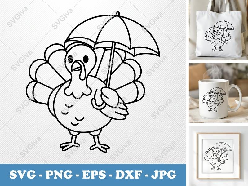 Turkey with Umbrella SVG | Cute Fall Thanksgiving Clipart | PNG EPS DXF for Cricut Silhouette Cutting Files