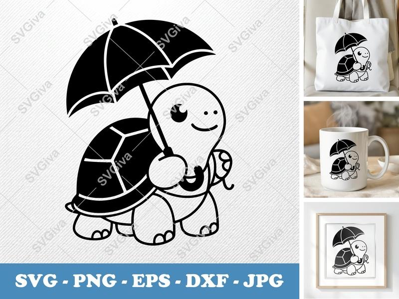 Turtle holding umbrella SVG | Puffy Soft Shapes | Inflated Pillow-soft | PNG DXF EPS | Cricut Silhouette File