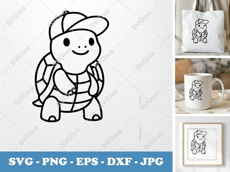 Turtle in a Cap SVG, Friendly Rounded Body Bean-Shaped Cut File | PNG DXF EPS for Cricut Silhouette