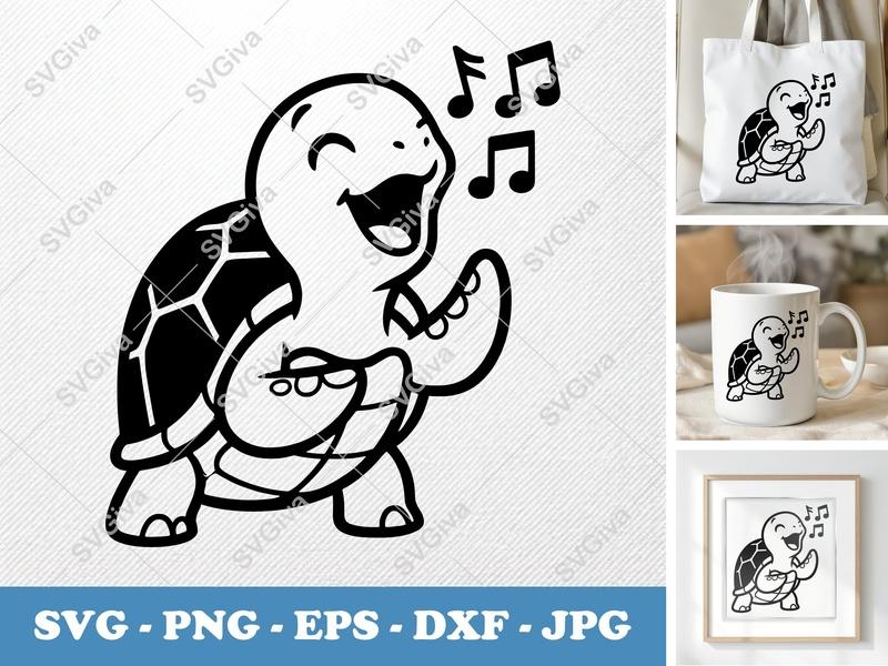 Turtle Singing SVG, Happy Music Notes PNG, EPS, DXF | Cute Animal Cut File for Cricut, Silhouette, Vinyl Decal