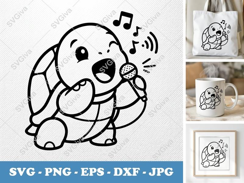 Turtle Singing SVG | Music Cut File PNG DXF EPS Cricut Silhouette Animal Vector